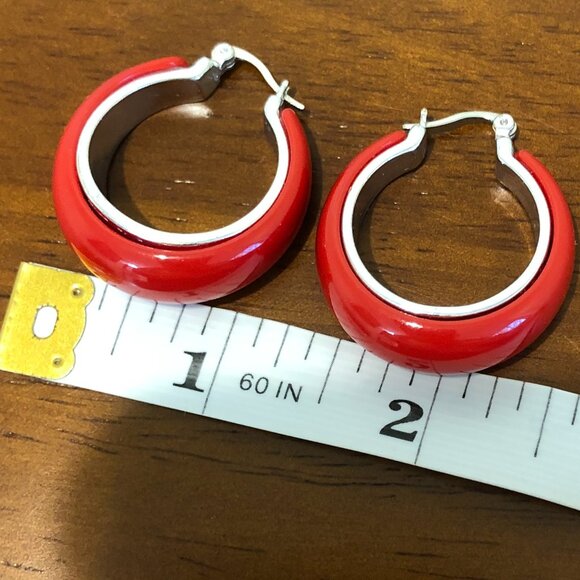 Cute Red Silver Tone Hoop Earrings. - Picture 8 of 10